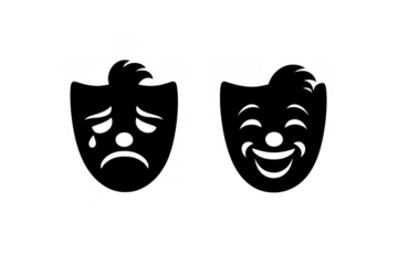 Comedy and tragedy masks black silhouette icon symbolizing drama, theater, acting, emotions, and performance on transparent background