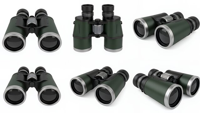 Collection of Green Binoculars in Various Angles, Observation and Exploration Equipment