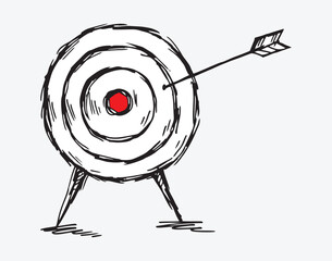 Hand drawn illustration of arrow miss center of target. vector doodle failure shot.
