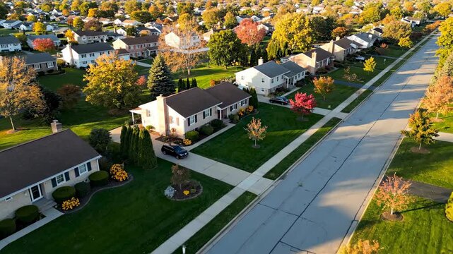 Charming american neighborhood with row of houses and colored trees. Sunny day in fall season. Aerial top down flyover. Peaceful suburb housing area in USA.