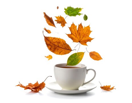 White teacup with saucer, filled with tea, and autumn leaves falling into it. Isolated on white background