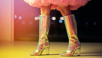 Fashionable Woman in Holographic Boots and Pink Tulle Skirt, Nightlife Glamour