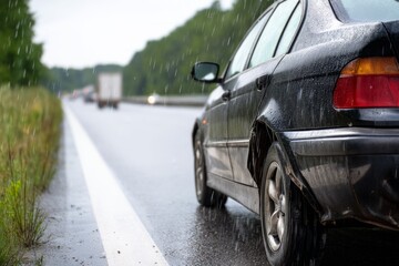 Fototapeta premium Car Stopped on Highway Shoulder During Heavy Rain with Water Droplets Falling