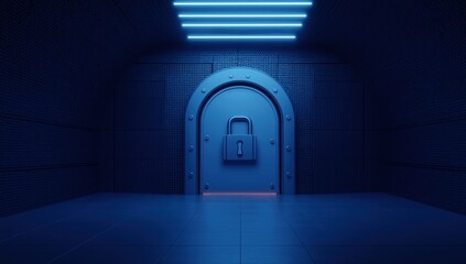 Vault door featuring a padlock for maximum security in a dark, glowing blue, futuristic bunker with neon lights