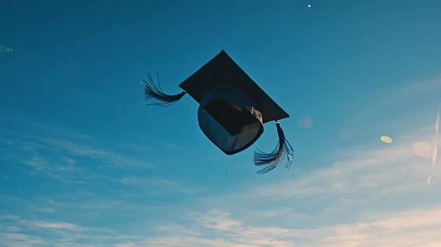A graduation cap flies through the air against a blue sky with wispy clouds and a bright sun shining in the distance freely