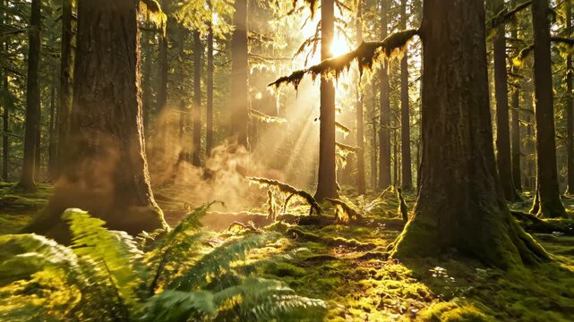 Sunlight filtering through mossy forest trees