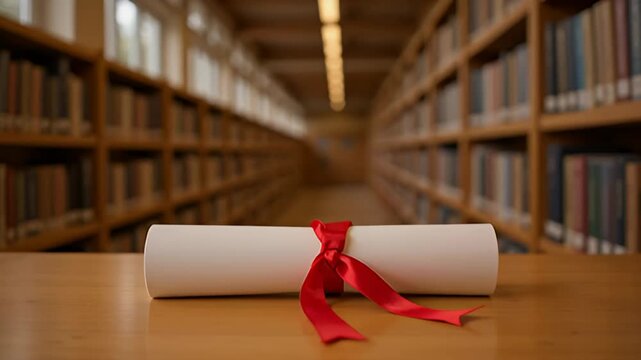 A rolled document with a red ribbon on a wooden table in a library surrounded by bookshelves full of books