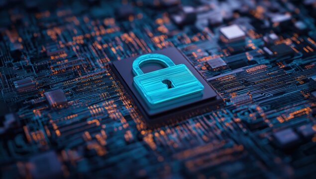 Glowing padlock icon symbolizing digital security and data protection over a detailed electronic circuit board and microchip - Powered by Adobe