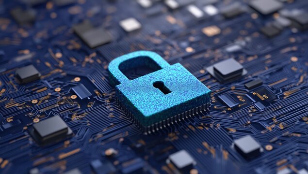 Padlock as CPU protecting digital data on dark blue electronic circuit board, symbolizing cybersecurity and secure technology - Powered by Adobe