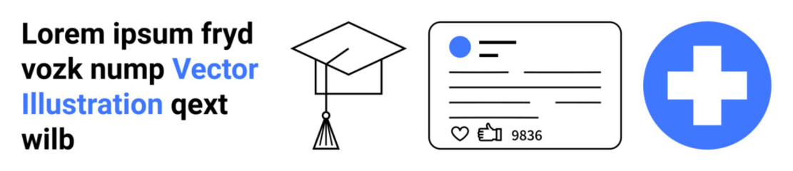 Obraz premium Education, social media interaction, healthcare services, learning platforms, digital communication, personal branding. Academic cap, social media card blue cross icon. Education and social media