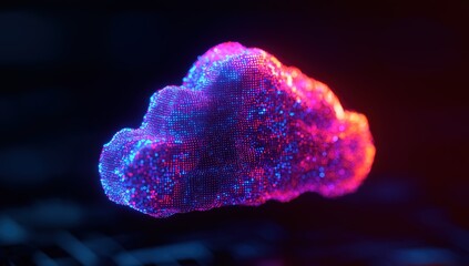 Vibrant glowing cloud shape formed by pixels, representing secure online data storage, global connectivity, and big data technology