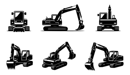 Excavator Icon Set – Black Construction Digger from Multiple Views (Front, Side, Rear, Top, Isometric) © Mediasegment
