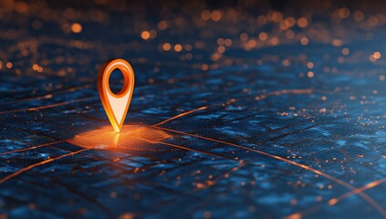 Location pin glowing orange on a dark blue digital map, illustrating navigation, GPS tracking, and connection technology