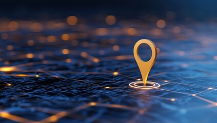 Obraz premium Golden map pin indicating a precise location on a blue abstract digital network with glowing lines and points