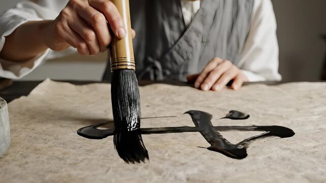 Woman practicing calligraphy with brush and ink on paper in traditional style.