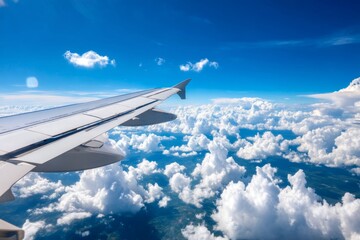 Fototapeta premium Aerial View from Airplane Window with Wing Overlooking Beautiful Clouds