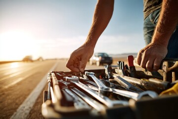 Worker Organizing Tools by the Roadside Before Departing on a Job
