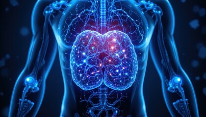 Illuminated human torso displays internal respiratory organs with glowing neural connections against a dark backdrop