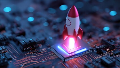 Rocket taking off from microchip, symbolizing startup launch, innovation, technology growth, and digital speed