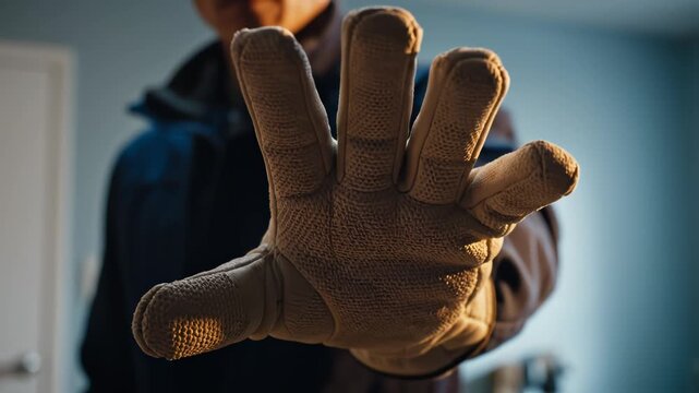 Person wearing glove extending hand