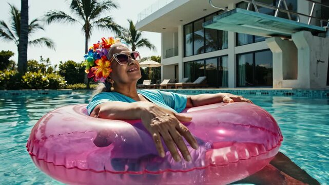 Woman relaxing in pool with float