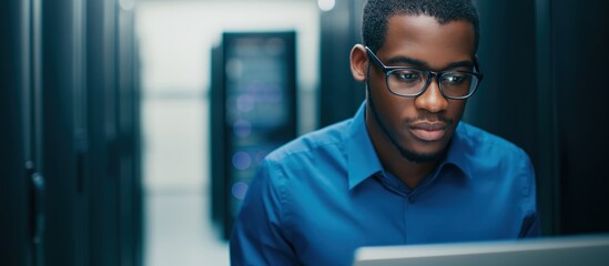 African american man wearing glasses intently working on a laptop, monitoring and maintaining server hardware in a secure data center