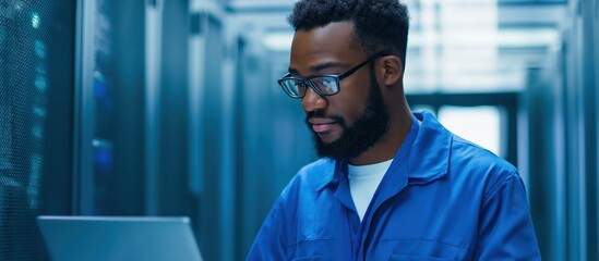 Male IT technician working on a laptop, monitoring server performance and ensuring data security in a modern data center