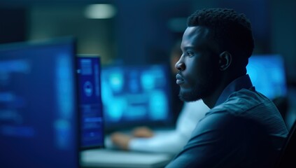 Focused software developer coding, working on cybersecurity and data analysis in a modern IT environment