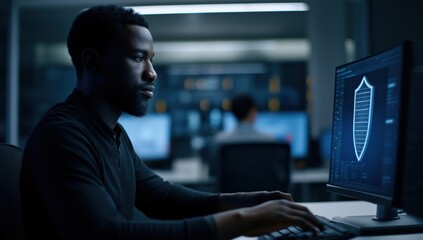 African American man developing software for data protection, network security, and digital defense in a dark server room