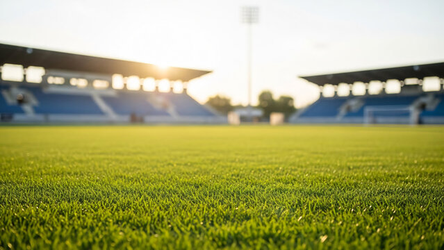 A sports stadium with a blurred background and a green field viewed from the ground level