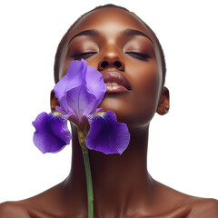 A close-up portrait of a woman with dark skin and smooth features holding a purple iris flower in front of her face on transparent background