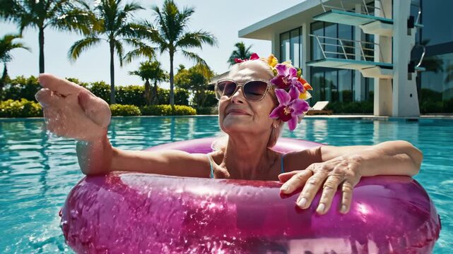 Elderly woman relaxing in pool