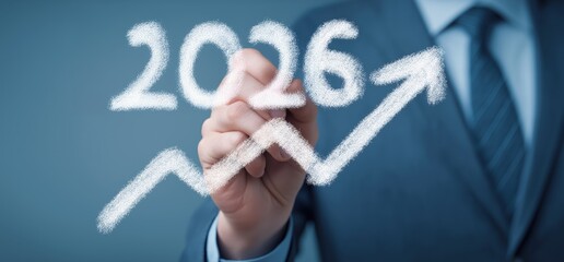 Businessman hand drawing a rising arrow graph with numbers 2026, representing future business success, economy forecast, and investment vision