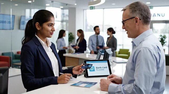 A friendly financial advisor delivers a new bank card to a satisfied senior male client, shaking hands in a bright bank office. Ideal for banking, customer service, or financial success concepts
