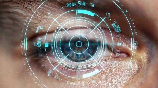 Macro view of human blue eye with futuristic biometric retinal scan and digital HUD overlay