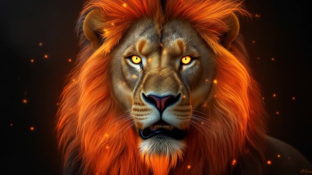 Majestic Lion Portrait with Fiery Mane and Intense Gaze.