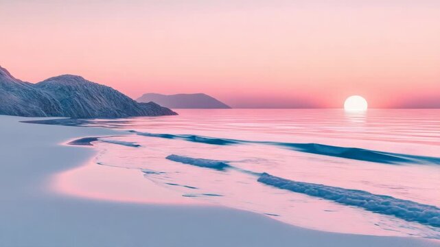 A serene beach scene at sunset, featuring the sun, mountains, a wave, and soft pink and blue hues