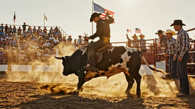 Cowboy riding bull at rodeo event