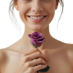 A woman with a radiant smile holding a purple rose close to her chest on transparent background