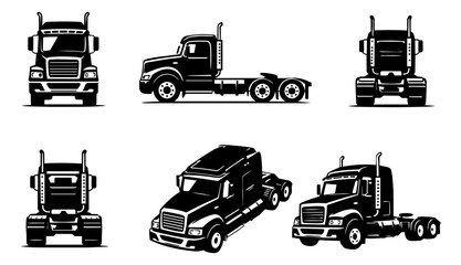 Semi Truck Icon Set &ndash; Black Tractor Unit from Multiple Views (Front, Side, Rear, Top, Isometric)