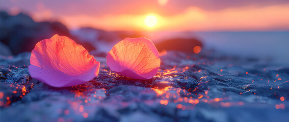 Rose petals on wet stones during sunset. Golden hour light. Water reflections on surface. Wellness spa beauty concept. Marketing asset for skincare branding and social media content.
