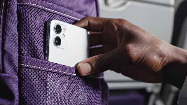 Hand placing phone in backpack pocket