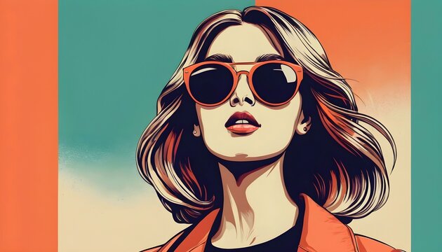 Fashion portrait of a model girl in sunglasses. Poster or flyer in trendy retro colors. Vector illustration, created with generative ai