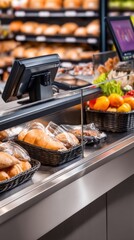 Bakery display with pastries in a glass case, digital checkout screen, and a basket of fresh fruit nearby now