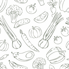Handdrawn vegetable outline seamless pattern for healthy eating concept.