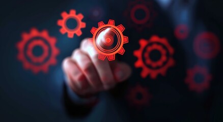 Hand interacting with a digital interface, touching a glowing gear icon, representing future technology, innovation, and system automation