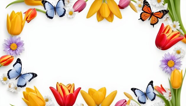 Flower border frame made of Daisy, tulip flowers and butterflies on white background. seamless background. Greeting floral card template with copy space, created with generative ai