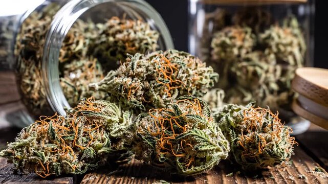 Dried cannabis buds in glass jars