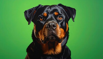 Rottweiler dog portrait on green background.