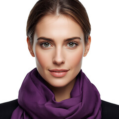 A woman with fair skin and light brown hair wearing a purple scarf and black clothing against a black background on transparent background